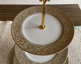 Empress china - Mandalay 115 pattern, three Tiered Plate Stand. Gold edge, fine bone china.