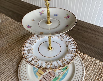 Vintage China 3-Tier Plate Stand: Gold Hardware, Elegant Serving