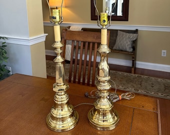 Tall brass table lamps with candlestick neck pair decorative finials vintage