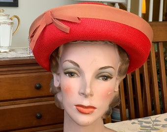 Vintage hat faux straw bowler red union made size 22