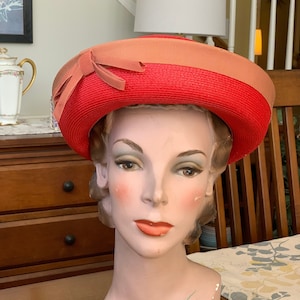 Vintage hat faux straw bowler red union made size 22
