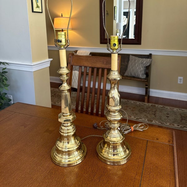 Tall brass table lamps with candlestick neck pair decorative finials vintage