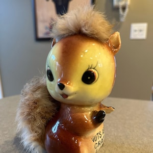Ceramic Crater Lake squirrel souvenir bank with faux fur vintage