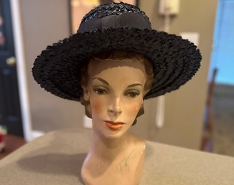 Vintage black raffia straw wide brim hat with grosgrain trim A Carol Ann Hat vintage union made