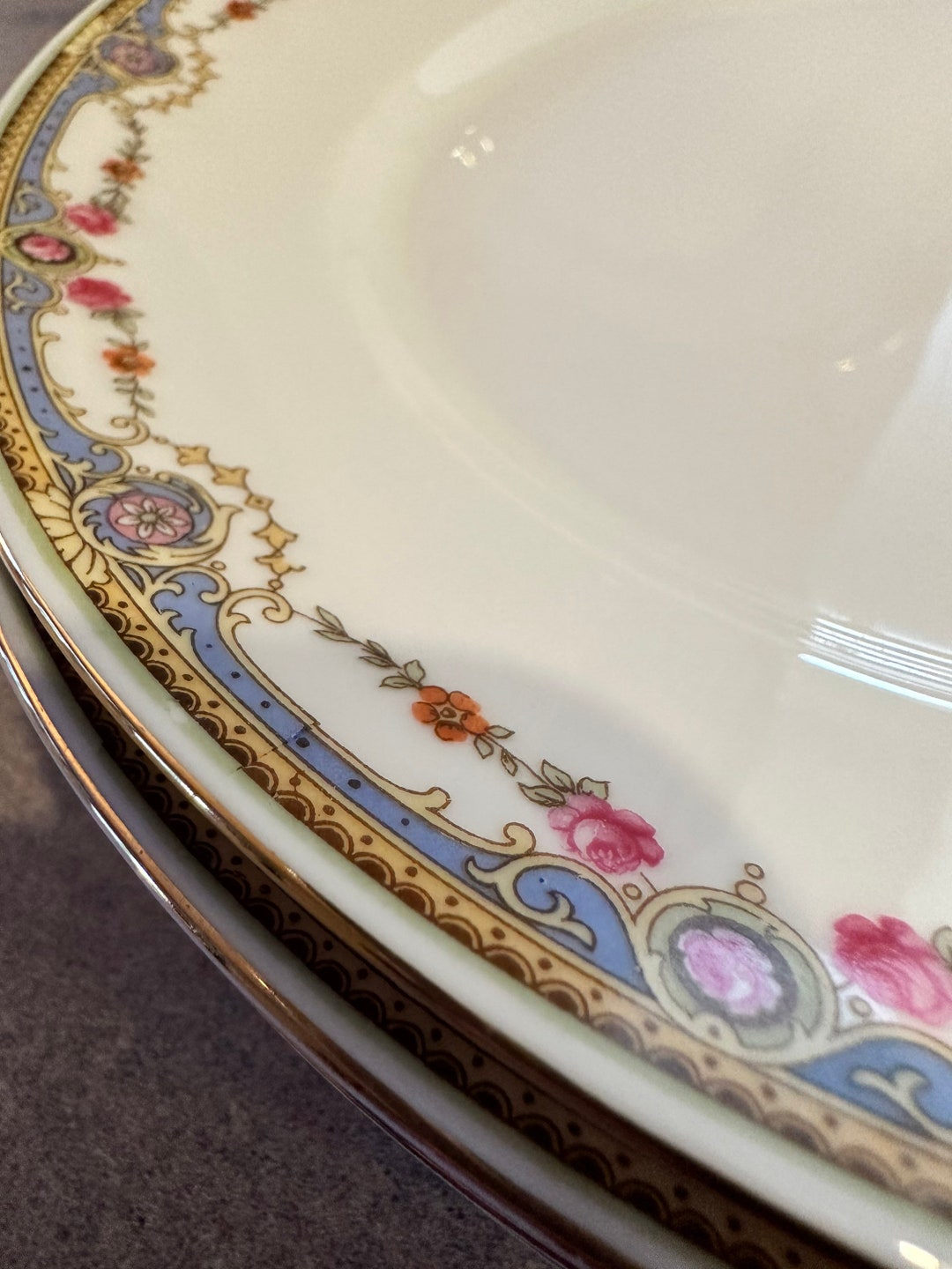 Vintage China Luncheon Plates With Gold Tone and Blue Rim With Roses