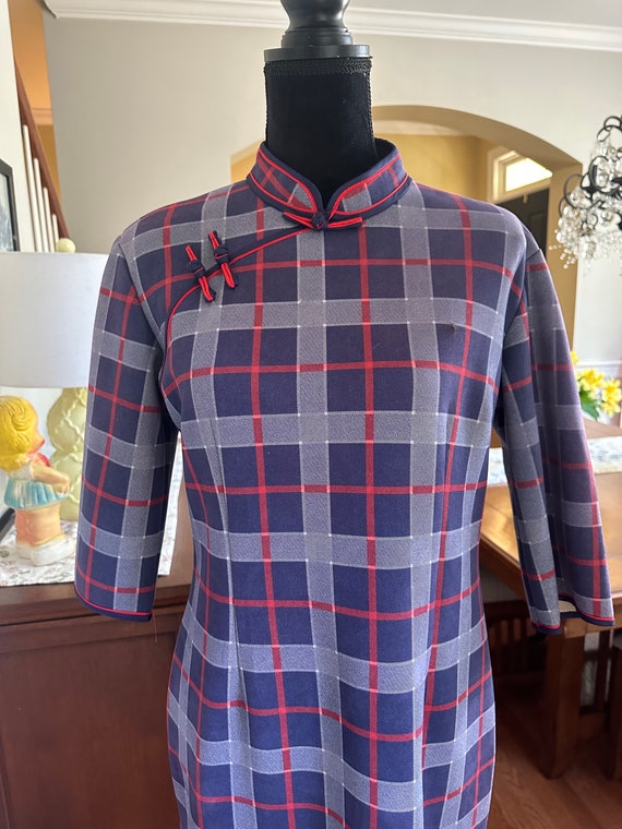 Blue and red plaid mandarin style dress vintage