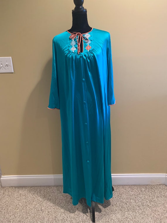Aqua nylon button front robe nightgown vintage JC… - image 7