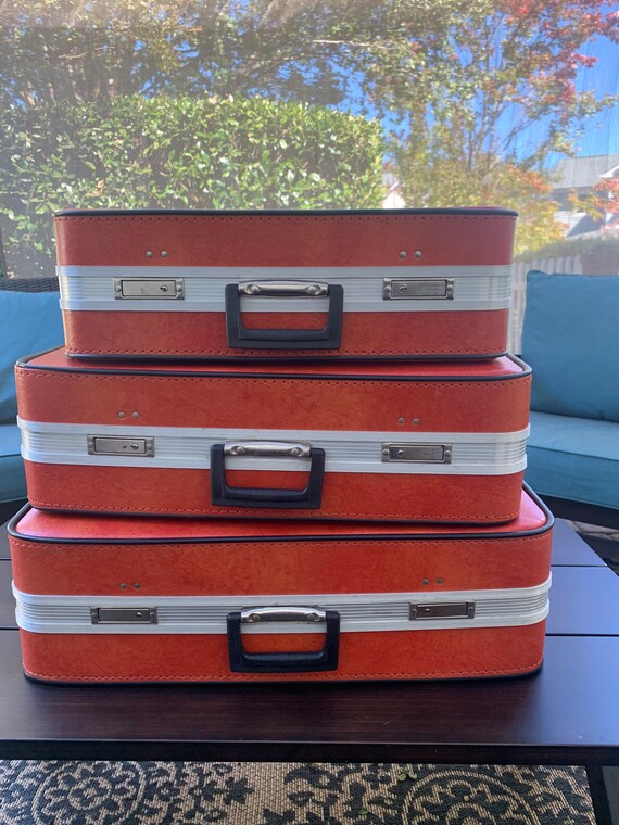 Vintage suitcase set of 3 orange with black trim … - image 8