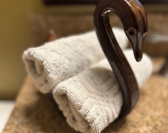 Brown ceramic swan washcloth holder bathroom decor vintage