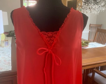 Red lightweight nylon nightgown mid calf sleeveless vintage