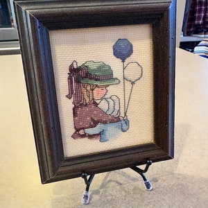 Small wood framed needlepoint picture girl and balloons vintage