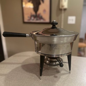 Stainless steel fondue pot chafing dish vintage food warmer mid century mcm