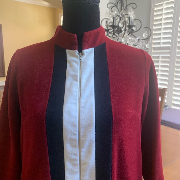 Vanity Fair color block robe rust black cream full length long sleeve zip vintage velour size 10