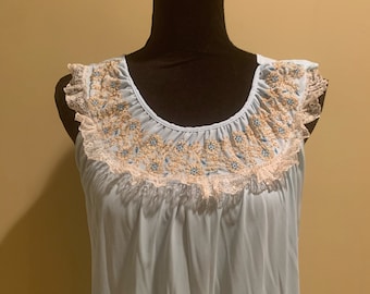 Light blue nylon nightgown with contrasting lace trim sleeveless vintage made in USA medium