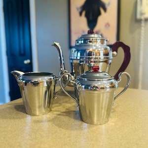 Cromwell Silver Mfg chrome coffee server set with creamer and sugar bowl Art Deco