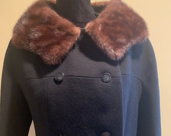 Vintage Black Double Breasted Coat: Mink Fur Collar, Dan Millstein