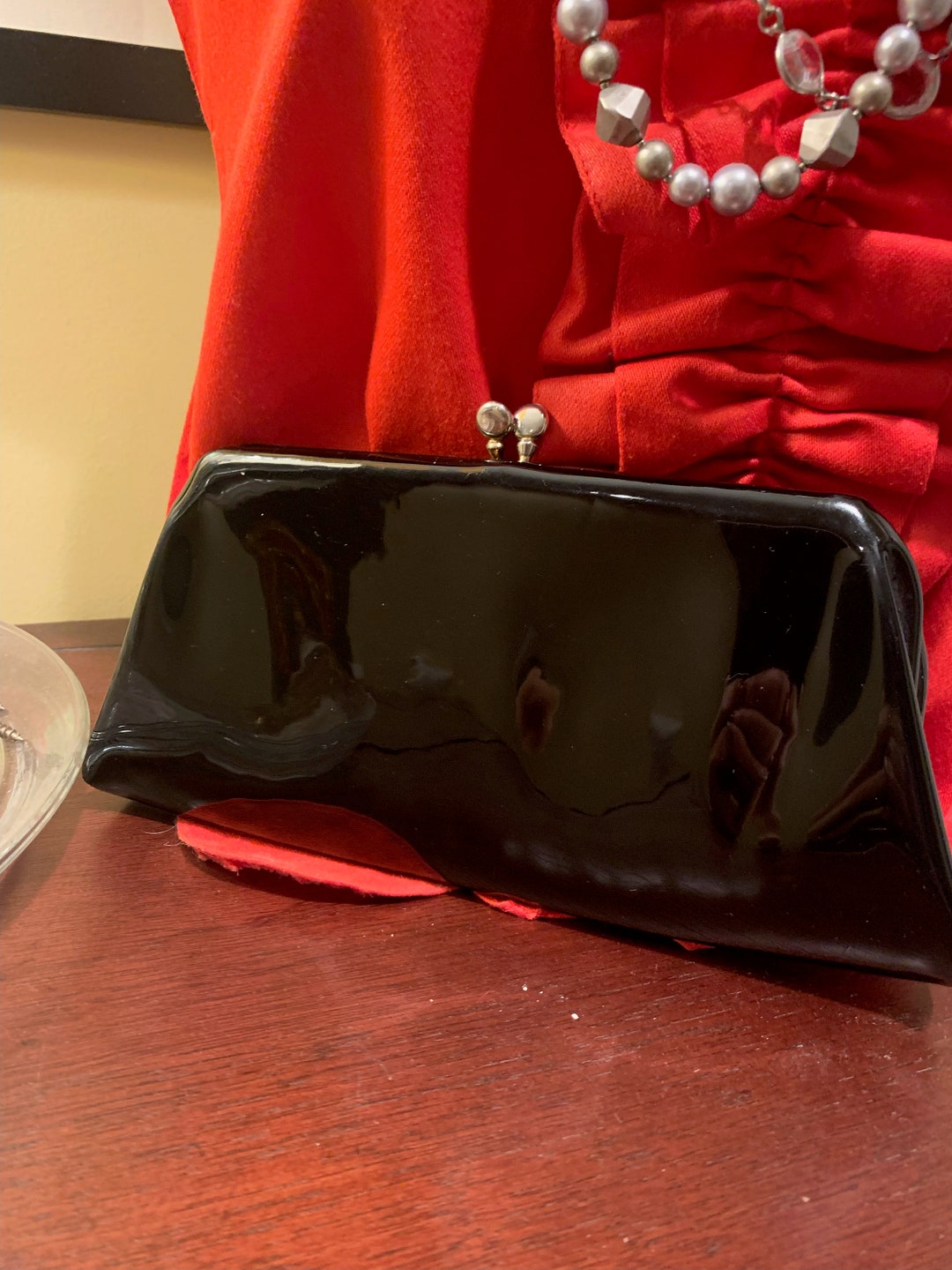 Vintage Black Frame Clutch Purse Evening Bag Purse Patent Leather by