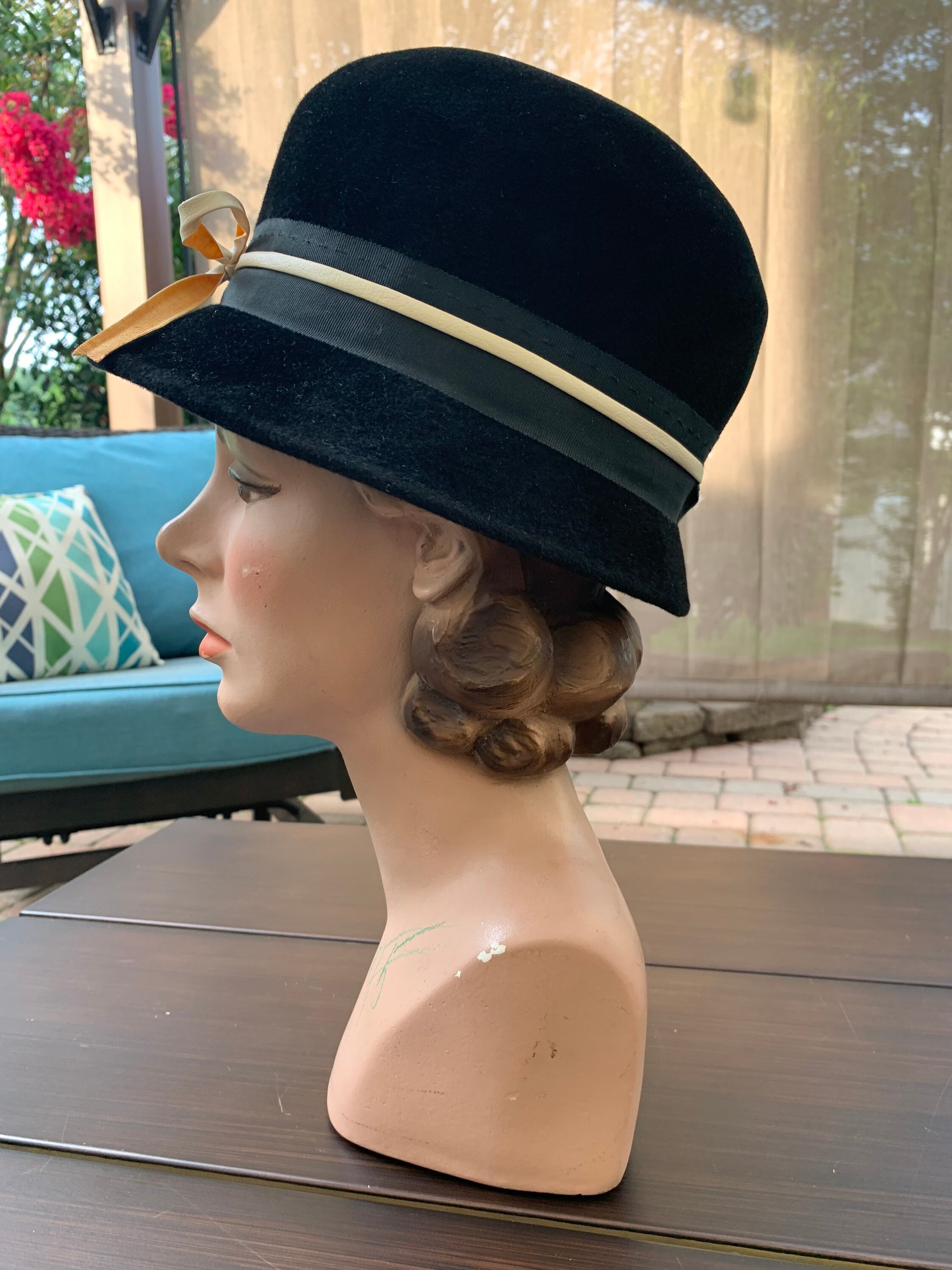 Vintage Black Velour Cloche With Contrasting Trim Union Made 