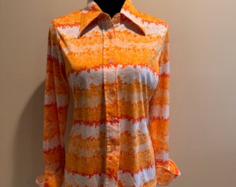 Orange and white long sleeve button front polyester blouse vintage