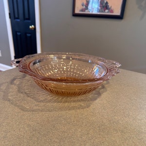 Pink depression glass double handle serving bowl Mayfair Open Rose vintage