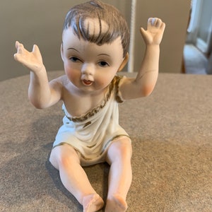 Bisque porcelain baby boy figurine brown hair blue eyes piano baby nursery decor baby shower gift
