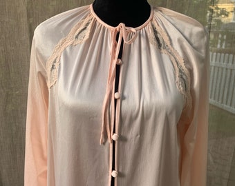 Pink nylon robe with lace panels button front vintage peignor robe