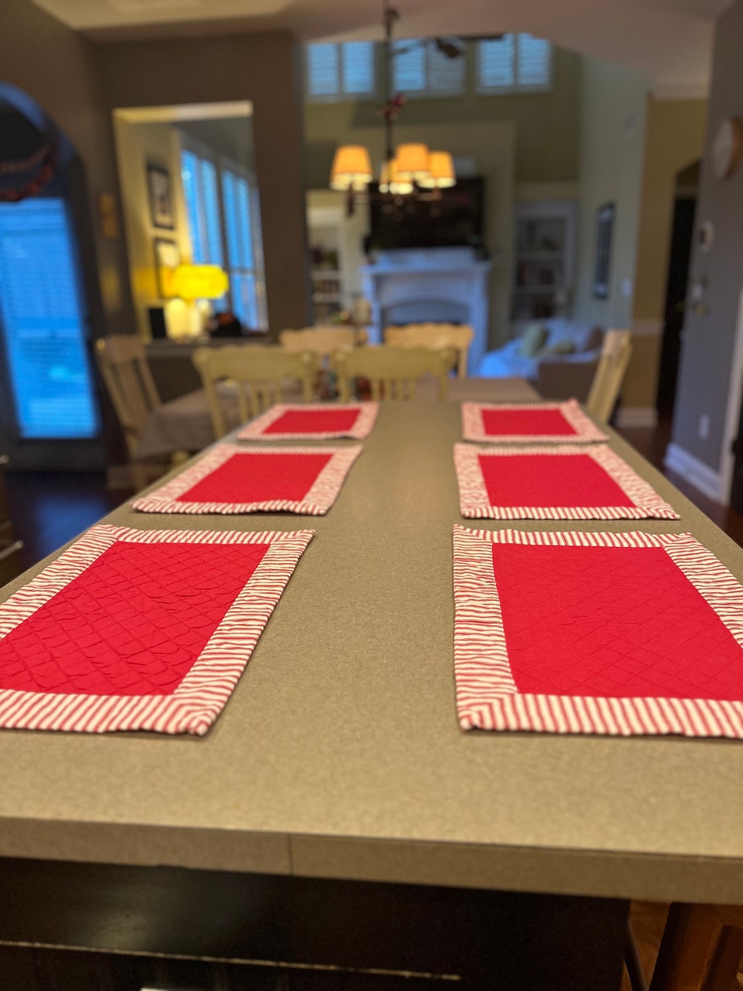 Rectangle Quilted Placemats, Red With Red and White Striped Border Set