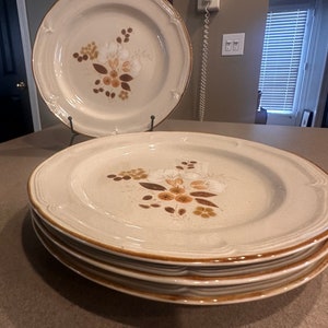 Stoneware dinner plates flower pattern earth tones set of four vintage Ginger Creek II made in Japan