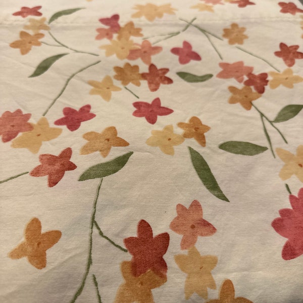 Twin flat sheet off white with flowers fall colors rust and gold vintage