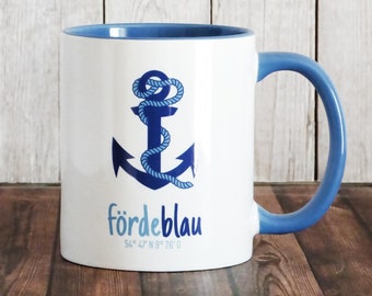 Maritime Tasse mit Anker Motiv und Koordinaten von Flensburg  | Keramik Becher nordisch blau | Nautisch | Meerliebe Geschenk für Segler