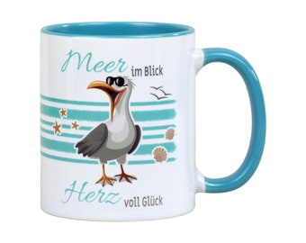 Ceramic gift cup seagull printed | Saying mug 'Sea in view, heart full of happiness' funny with seagull | Funny seagull gift