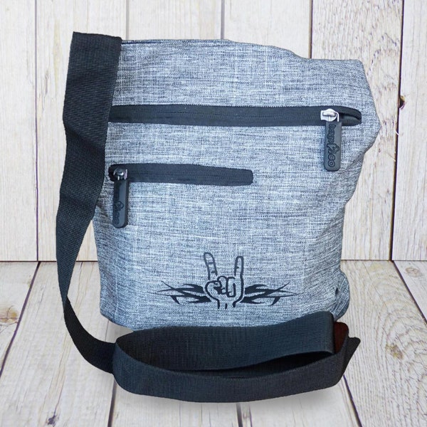 Umhängetasche aus Stoff mit Heavy Metal Hand Pommesgabel und Tribal | Schultertasche mit Reißverschluss | Geschenk für Frauen, Metalfans