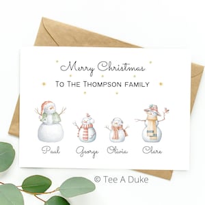 Tarjeta navideña familiar Tarjeta navideña personalizada para la familia, Tarjeta con nombres de familia, Tarjeta navideña, Muñeco de nieve