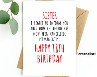 18th Birthday Card for Sister Funny Sister 18th Birthday Card, 18 Birthday Card for Girl, Sister Birthday Card, Happy 18th Birthday, 18