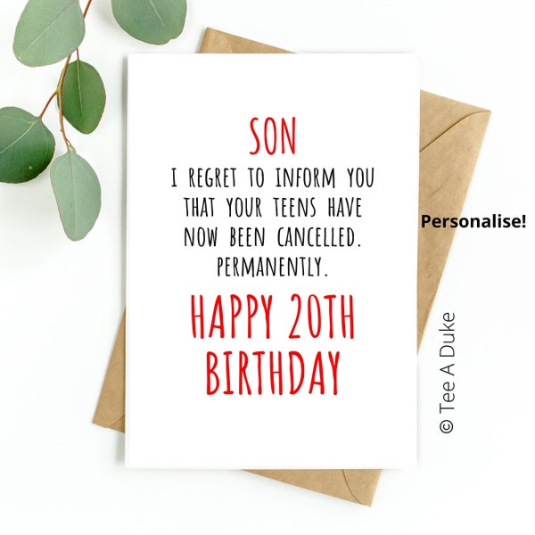 Carte d'anniversaire 20 ans pour fils Funny Son 20th Birthday Card, 20 Birthday Card for Boy, Son Birthday Card, Happy 20th Birthday Card, 20