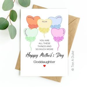 Tarjeta del Día de la Madre para Ahijada Globos de Corazón Tarjeta del Día de la Madre Ahijada, Tarjeta para Ahijada, Tarjeta del Día de la Madre, Tarjeta de Ahijada