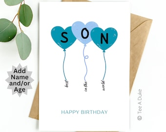Birthday Card for Son, Heart Balloons Son Birthday Card, Best Son Birthday Card from Mum Mom, Card from Dad, Birthday Card, Son