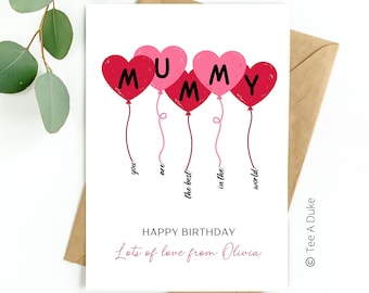 Birthday Card for Mummy, Heart Balloons Mummy Birthday Card, Birthday Card from Child/Children, Card for Mummy, Birthday Card, MUMMY