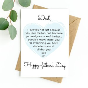 Pu&ograve; includere: Un biglietto per la festa del pap&agrave; con sfondo bianco e busta marrone. Il biglietto presenta un design a forma di cuore blu con le parole "Pap&agrave;" e "Buona festa del pap&agrave;". Il biglietto contiene un messaggio affettuoso.
