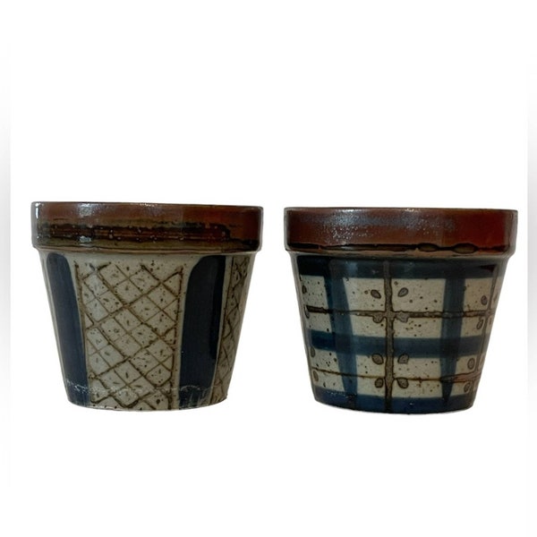 Vintage Pair of Takahashi Small Ceramic Herb Plant Pots Planters Geo Brown Blue