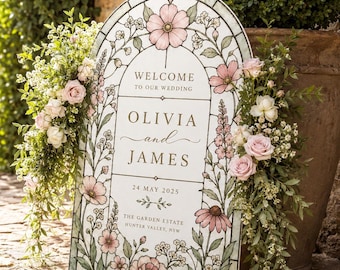 Gebrandschilderd glaseffect bruiloft welkomstbord, boog bloemen bruiloft bord, kerk bruiloft bord, boho welkomstbord, tuin bruiloft entree bord