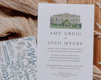 May include: A wedding invitation with a floral pattern on the left and a white card with a drawing of a house and the text "AMY GREIG AND JOSH MYERS" on the right. The text below the names reads "REQUEST THE PLEASURE OF YOUR COMPANY AT THE CELEBRATION OF THEIR MARRIAGE SATURDAY, AUGUST THIRTY-FIRST TWO THOUSAND AND TWENTY-FOUR AT HALF PAST ONE IN THE AFTERNOON MIDDLETON LODGE ESTATE".