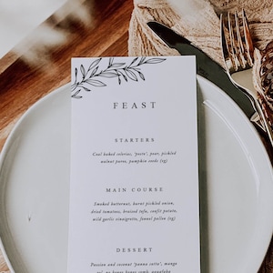 Menu de mariage, Menu sur carte, Menus de mariage, Petit-déjeuner de mariage, Menu de mariage botanique, Menu de mets, Réception de mariage, Dîner de mariage