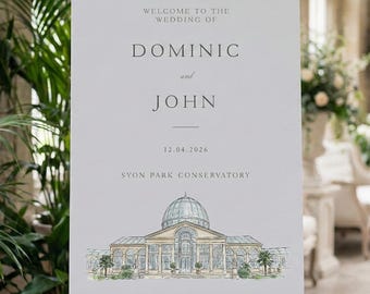 以下が含まれることがあります： 黒いイーゼルに立てられた、薄い灰色のウェルカムサイン。「Welcome to the Wedding of Dominic and John」と日付12.04.2026、そして「Syon Park Conservatory」と書かれています。建物の水彩画イラストが下にあります。