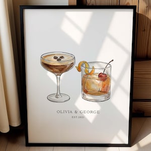Gepersonaliseerde koppels drankjes print – aangepaste aquarel cocktailkunst, zijn haar bar wanddecoratie, huwelijksverjaardag cadeau, Valentijnsdag