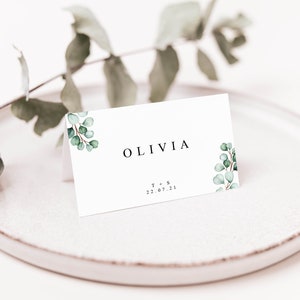 Tarjetas de lugar botánicas, tarjetas de lugar de eucalipto, tarjetas de nombre de lugar de boda, tarjetas de lugar de boda, nombres de lugar de mesa, configuraciones de lugar, tarjetas de nombre