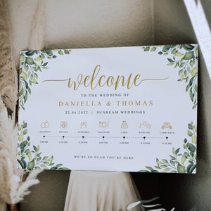 Order of the Day Wedding Sign, Welcome Wedding Sign, Wedding Timeline, Wedding Day Schedule, Gold Wedding Timeline, Eucalyptus Wedding Sign