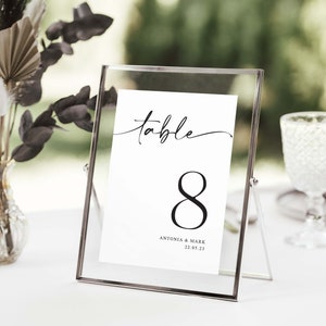 Letreros modernos para mesas de boda, tarjetas para números de mesa, tarjetas para nombres de mesa, números elegantes para mesas de boda, nombres clásicos para mesas.