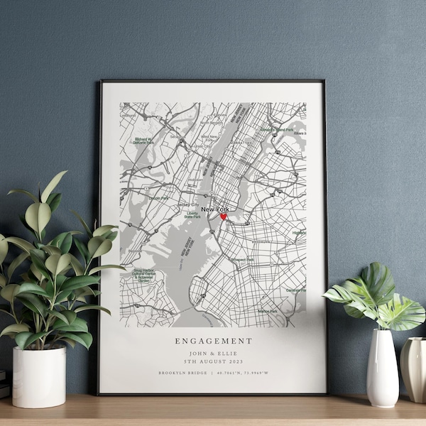 Engagement Gift, Map Engagement Gift for Couple, Anniversary Gift Print, Personalised Location Print, Engagement Print, Valentines Gift