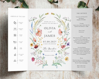 Wildflowers Wedding Invite, Gatefold Wedding Invite, Spring Wedding Invite, Summer Invite, Gatefold Wedding Invitation, Order of the Day